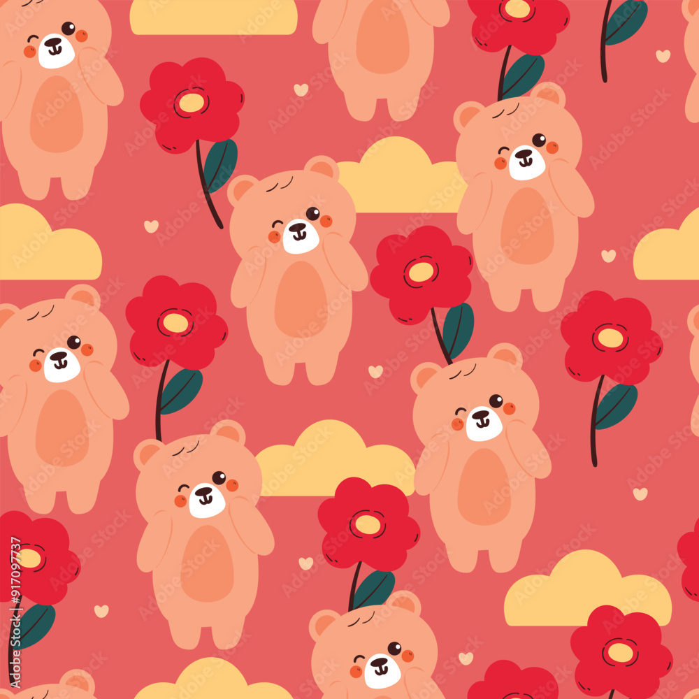 seamless pattern cartoon bear and flower. cute animal and floral wallpaper for fabric print, gift wrap paper seamless pattern cartoon bear and flower. cute animal and floral wallpaper for fabric print, gift wrap paper