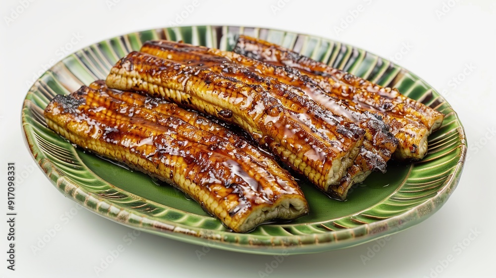 Grilled unagi or eel on green plate. White background Grilled unagi or eel on green plate. White background