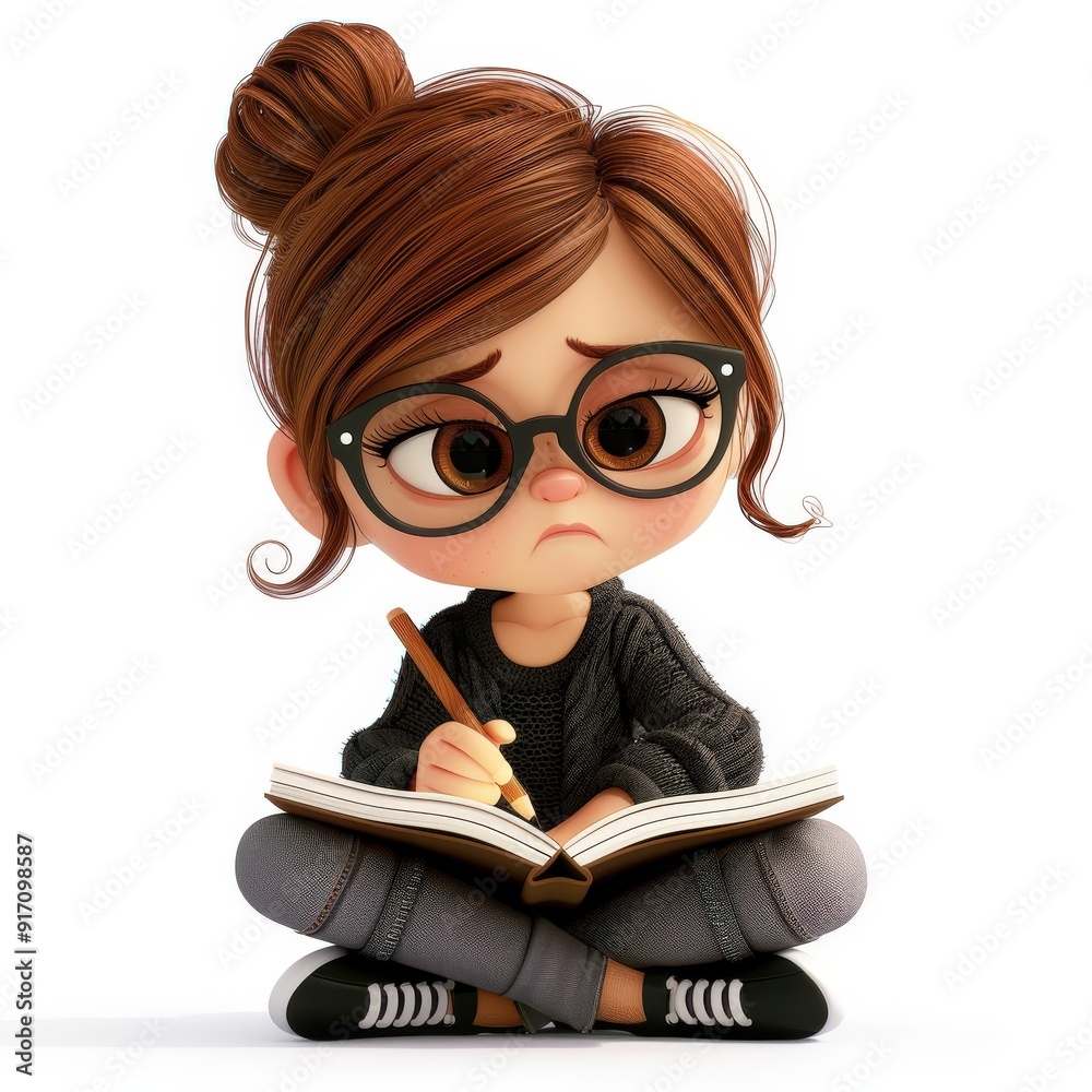 A young girl with glasses, looking thoughtful while writing in a notebook. A young girl with glasses, looking thoughtful while writing in a notebook.