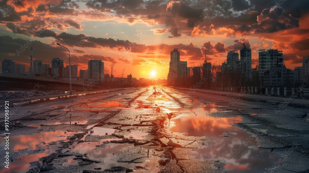 A flooded street with water and power lines