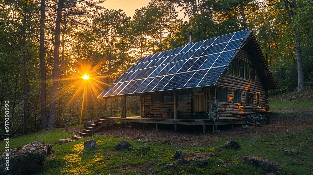Solar panels on a remote cabin in the woods, captured at dawn with light streaming through the trees, more clarity with clear light and sharp focus, high detailed Solar panels on a remote cabin in the woods, captured at dawn with light streaming through the trees, more clarity with clear light and sharp focus, high detailed