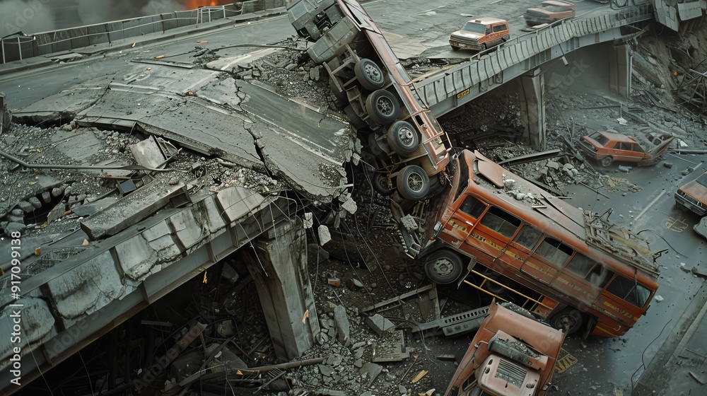 A pile of rubble and debris with a train wreck in the middle A pile of rubble and debris with a train wreck in the middle