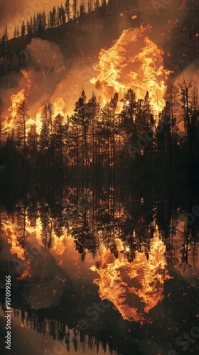 A forest fire is raging through a wooded area