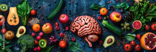 An image of a brain surrounded by fruits, vegetables promoting brain health photo