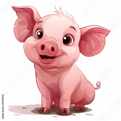 Cute cartoon piglet with big eyes and a joyful expression, sitting on a white background.