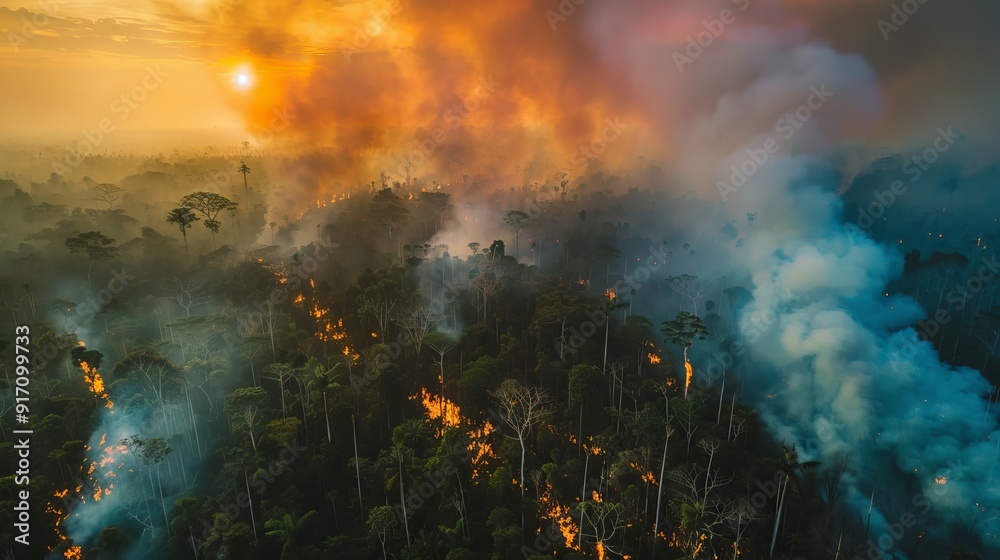Fototapeta premium A forest fire is raging through a wooded area
