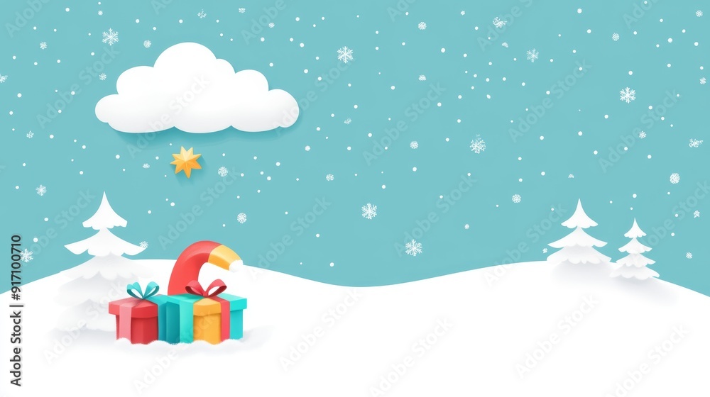 Colorful gifts on snow-covered ground with falling snowflakes and a cheerful sky, perfect for holiday-themed designs and celebrations. Colorful gifts on snow-covered ground with falling snowflakes and a cheerful sky, perfect for holiday-themed designs and celebrations.