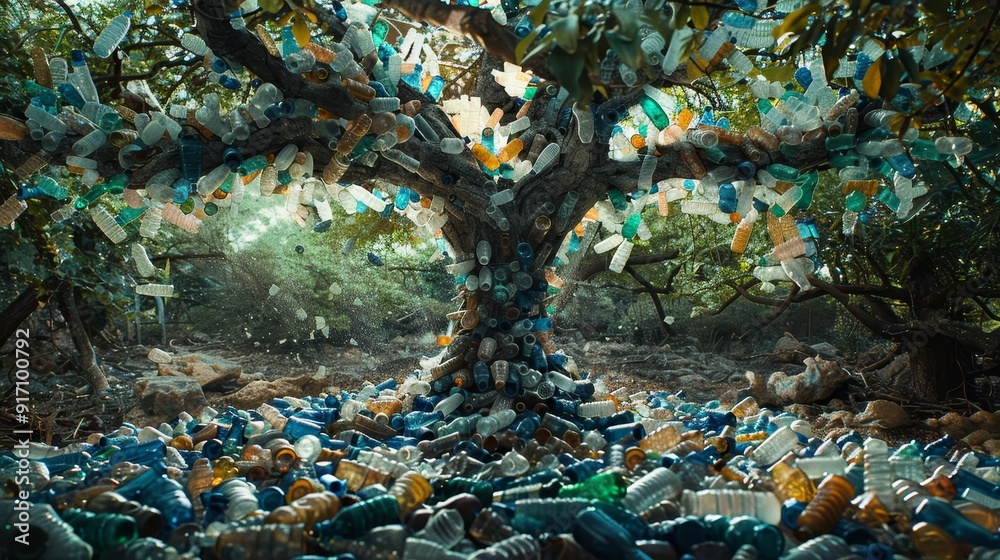 Pollution of nature. NO plastic. A tree made of plastic bottles is in the water. Scene is one of environmental concern, as the plastic bottles are polluting the water