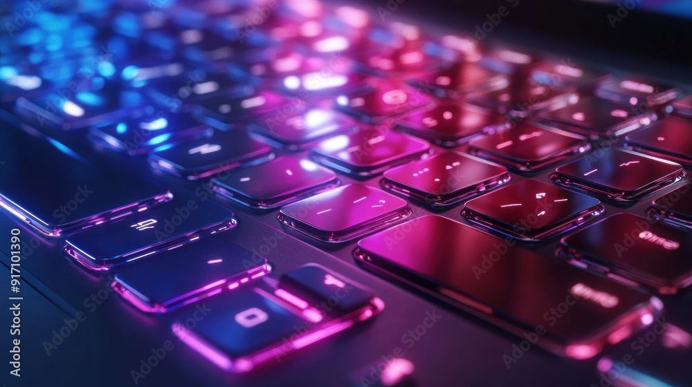 Closeup of a Shiny Laptop Keyboard with Neon Lights Closeup of a Shiny Laptop Keyboard with Neon Lights