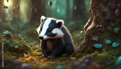 Cute baby Badger, in a magical forest