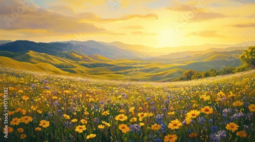 Golden Sunset Over Rolling Hills and Wildflowers