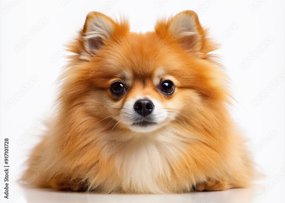 Fluffy ravishing adorable pomeranian dog with bright brown eyes and orange fur posing candidly on a white isolated background with gentle facial expression. Fluffy ravishing adorable pomeranian dog with bright brown eyes and orange fur posing candidly on a white isolated background with gentle facial expression.