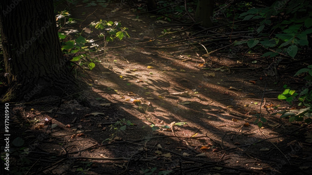 Dramatic shadows on forest floor