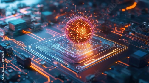 A concept of quantum computing chips, glowing with energy in a dark, futuristic setting