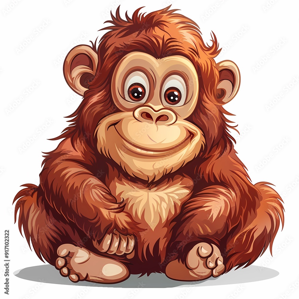 Cartoon-style illustration of a friendly, smiling orangutan sitting with its hands on its knees. Cartoon-style illustration of a friendly, smiling orangutan sitting with its hands on its knees.