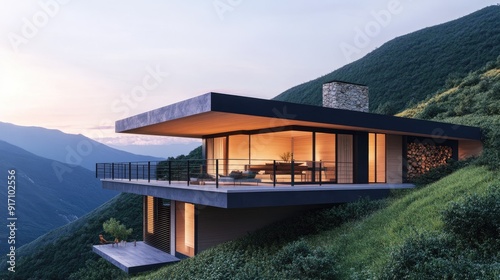 A sleek mountain cabin with a balcony and space for text in the sky