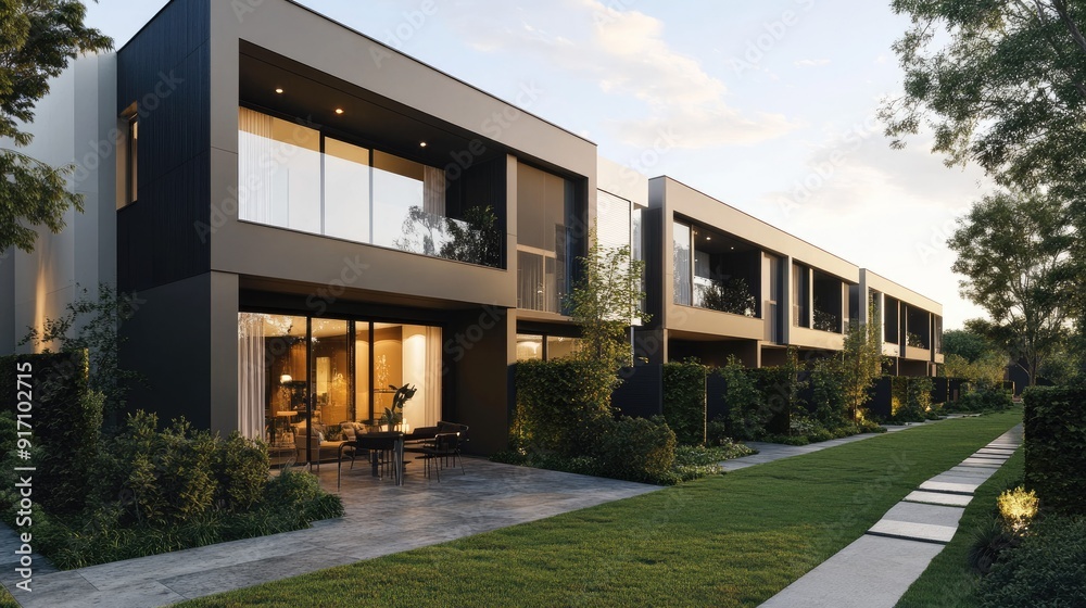 Obraz premium A stylish urban townhouse with a minimalist exterior and space for copy