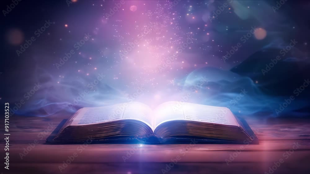 3d animation of mystical open book with dark spell collage and glowing particles floating over it