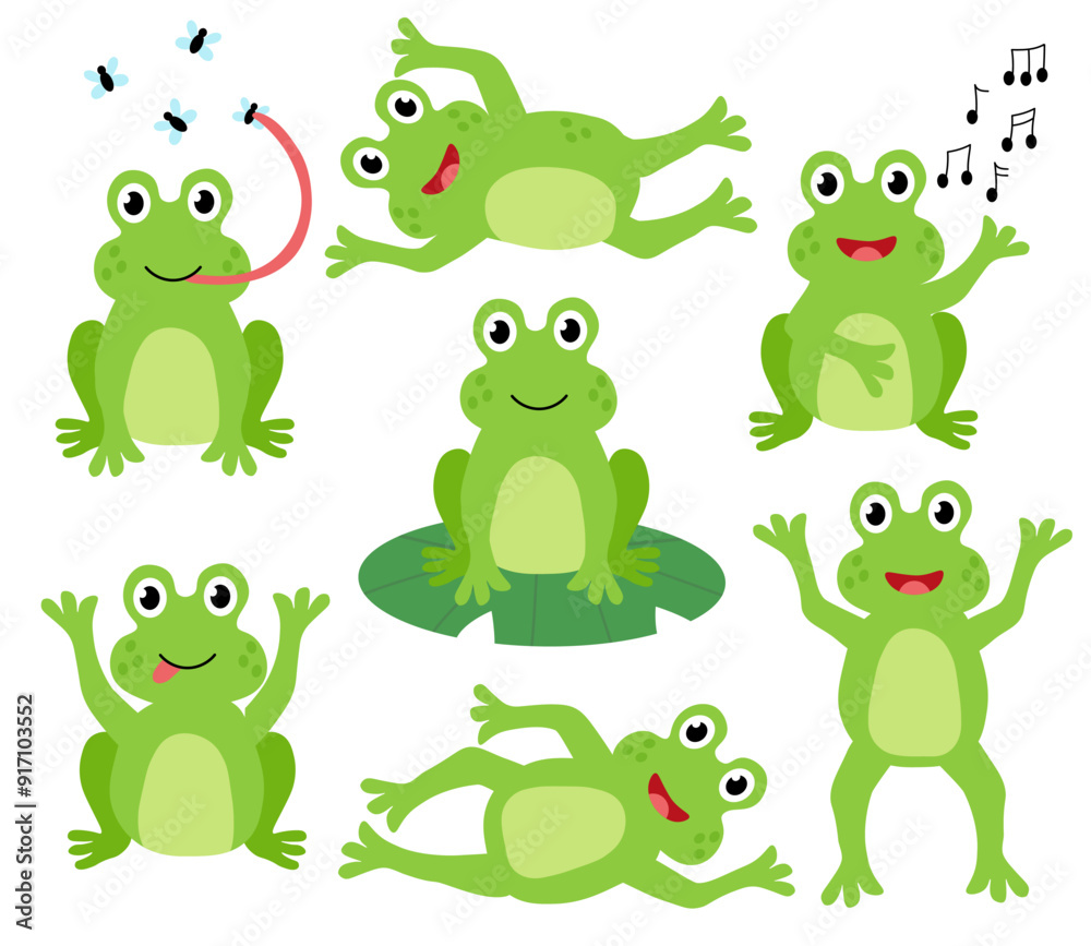 Set of cute frogs. Children Hand drawn vector flat illustration. Summer clip art collection. Set of cute frogs. Children Hand drawn vector flat illustration. Summer clip art collection.
