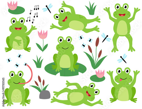 Set of cute frogs. Children Hand drawn vector flat illustration. Summer clip art collection.