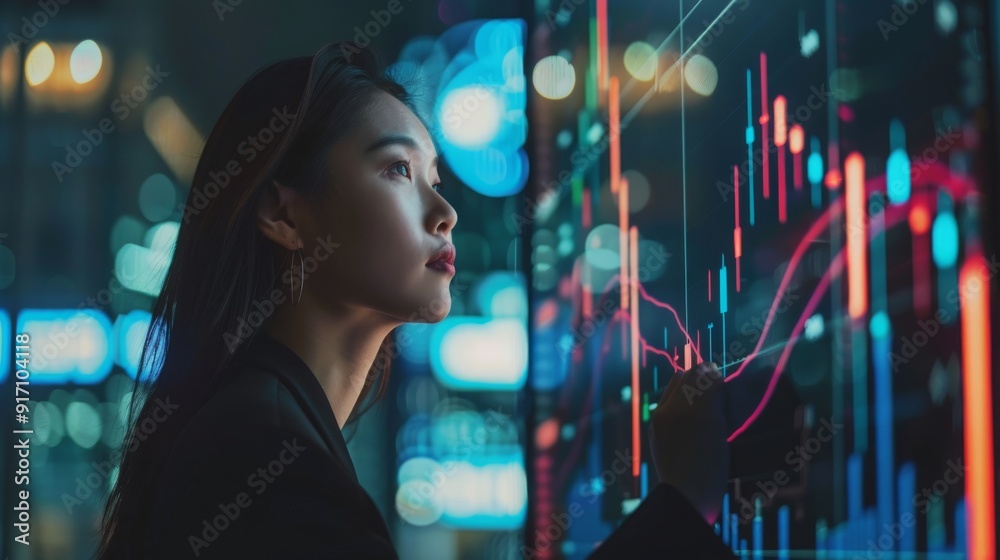 Professional woman analyzing stock data with AI-driven tools, showcasing advanced financial intelligence. Professional woman analyzing stock data with AI-driven tools, showcasing advanced financial intelligence.