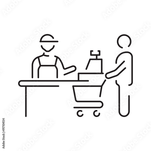 The grocery store cashier stands at the checkout with a linear icon