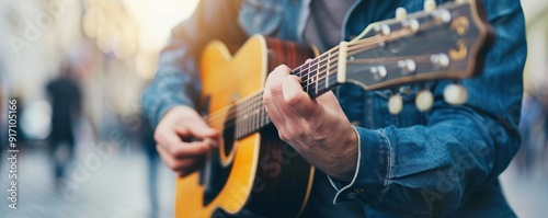 A street musician playing guitar, with people around him watching and enjoying, spontaneous and heartfelt, Candid Moments, editorial photography, empty space for text on side photo