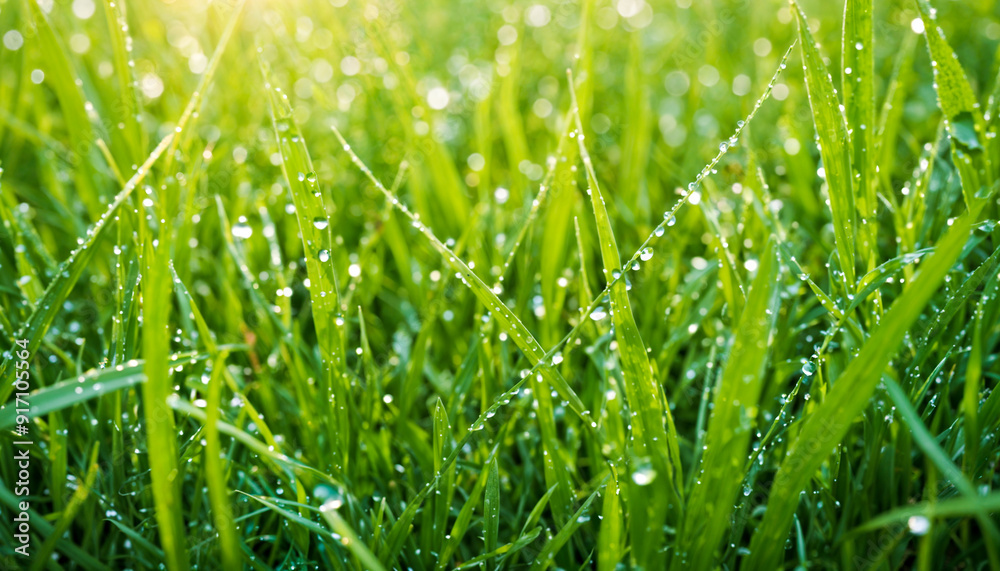 Obraz premium Early morning sunlight glistens on dew drops resting on vibrant green grass in a peaceful natural environment.