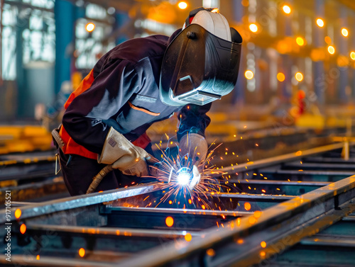 A man in a black and orange outfit is working on a piece of metal. Concept of hard work and dedication, as the man is focused on his task