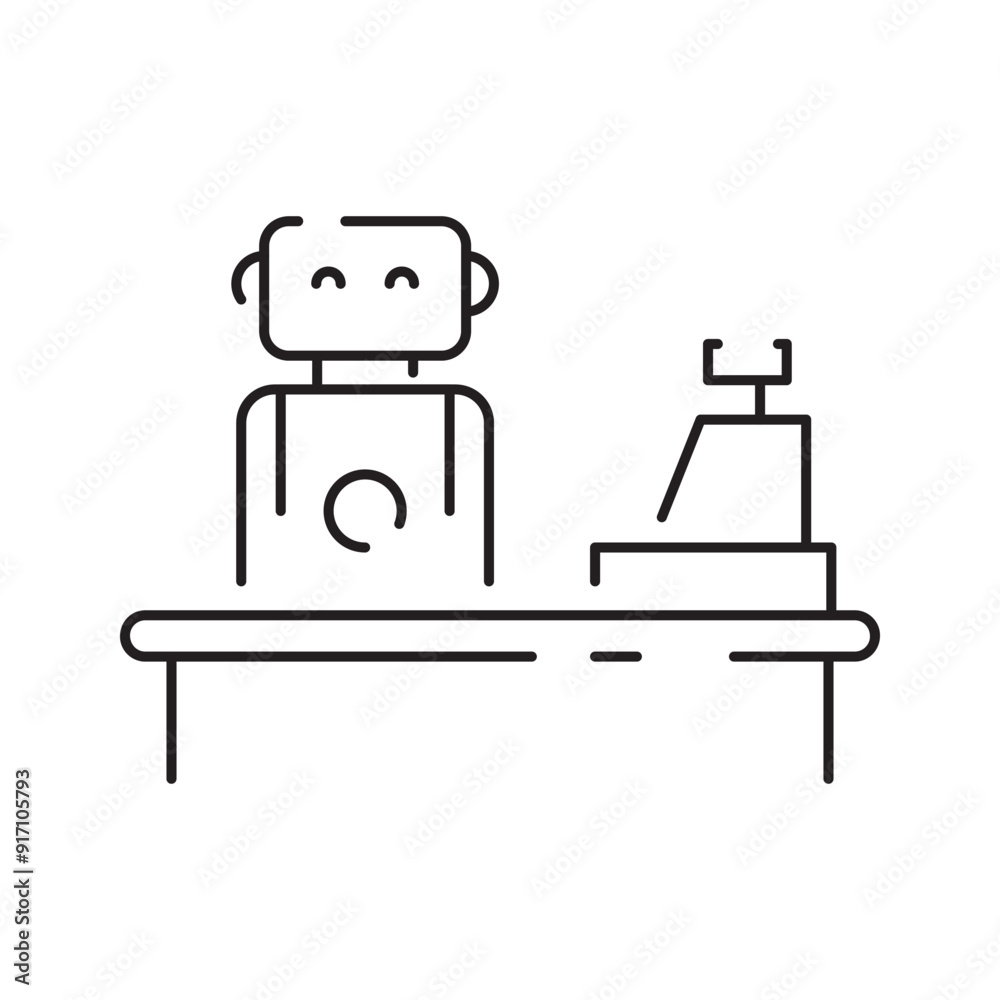 The grocery store cashier stands at the checkout with a linear icon The grocery store cashier stands at the checkout with a linear icon