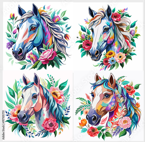 set of realistic and colorful illustrations of four horse heads surrounded by various flowers and leaves. Each horse has a unique color pattern and floral arrangement that showcases artistic styles.
