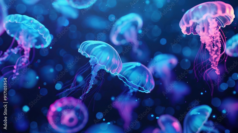 Bioluminescent marine life glowing in the dark depths, creating an ethereal scene, Underwater Life, editorial photography, empty space for text on side Bioluminescent marine life glowing in the dark depths, creating an ethereal scene, Underwater Life, editorial photography, empty space for text on side