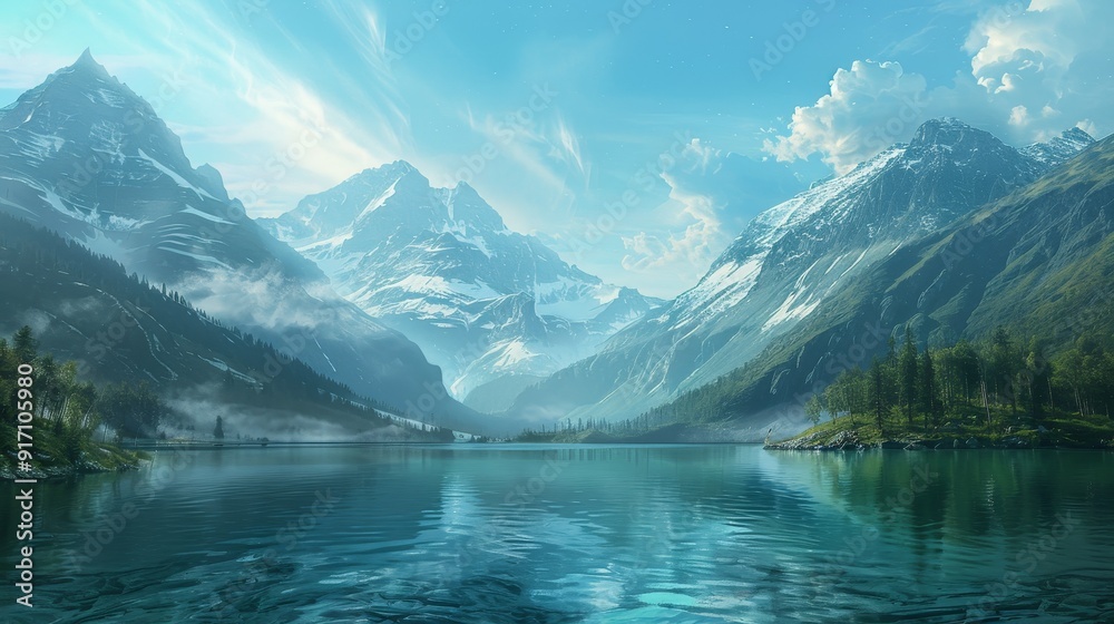 lake view surrounded by beautiful mountains. poster, wallpaper, travel lake view surrounded by beautiful mountains. poster, wallpaper, travel