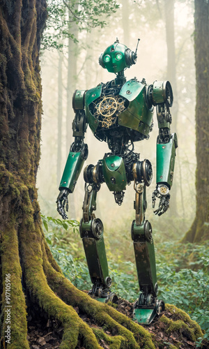 A green robot with intricate mechanical details stands next to a large tree in a foggy forest setting.