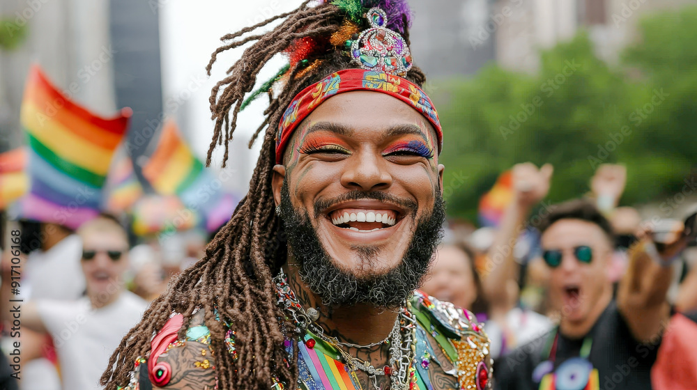 Fototapeta premium Vibrant Celebration at LGBTQ+ Pride Parade A Joyful Transgender and Drag Queen Individual Embracing Diversity and Inclusion at CSD