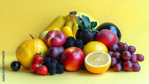 fruits on yellow pastel background