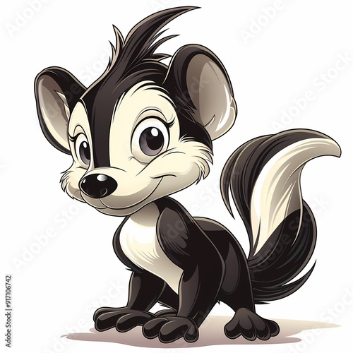 Cute cartoon skunk character with big eyes and playful expression, designed for children's media. photo