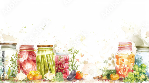 Jars of pickled vegetables and herbs, watercolor style, fermentation, healthy eating