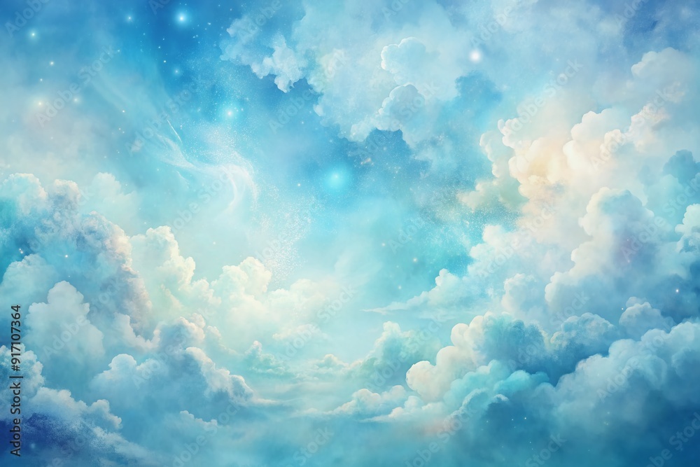 Ethereal blue abstract watercolor clouds texture background featuring soft, whimsical, and dreamy cloud formations on a serene light blue gradient canvas.