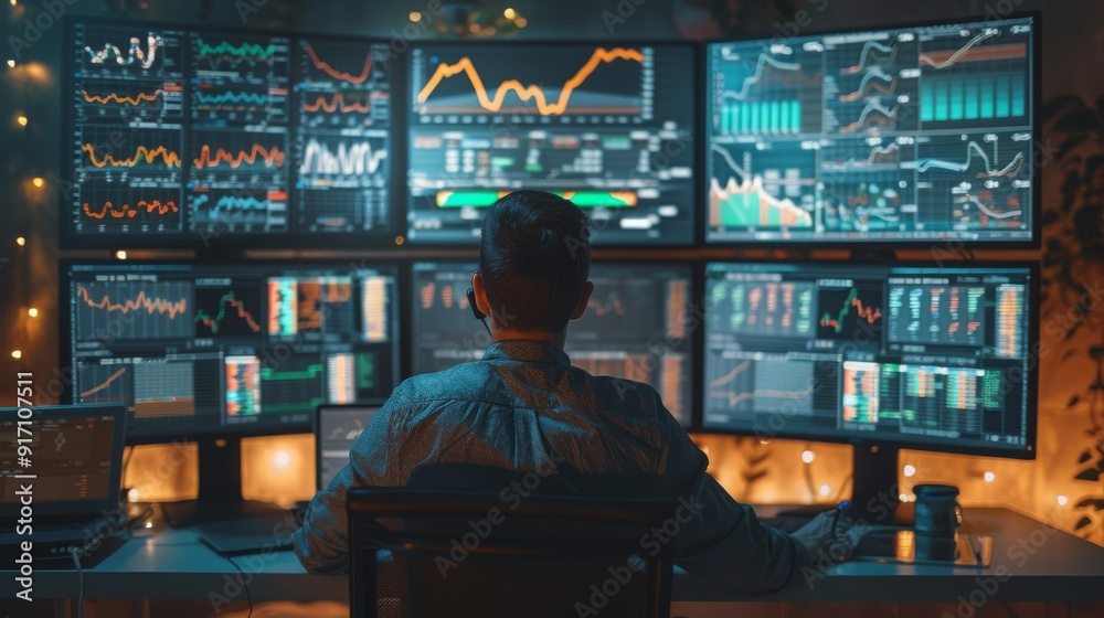 Investor analyzing diverse portfolio on multiple screens, comprehensive strategy Investor analyzing diverse portfolio on multiple screens, comprehensive strategy