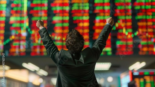 Investor celebrating in front of digital stock board, successful trade photo