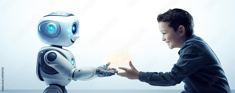 A boy interacts with a glowing robot while exploring technology