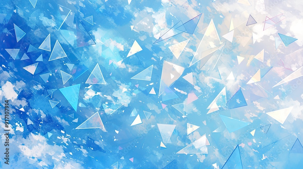 watercolor art of Lots of blue triangle motifs, Lots of floating in the sky, blue sky background watercolor art of Lots of blue triangle motifs, Lots of floating in the sky, blue sky background
