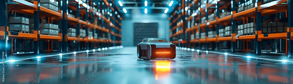 Futuristic Warehouse with Automated Robot Illustration Futuristic Warehouse with Automated Robot Illustration