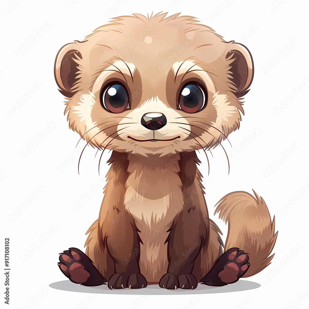 Obraz premium Cute cartoon ferret with big eyes, sitting adorably, featuring a fluffy coat and playful expression.