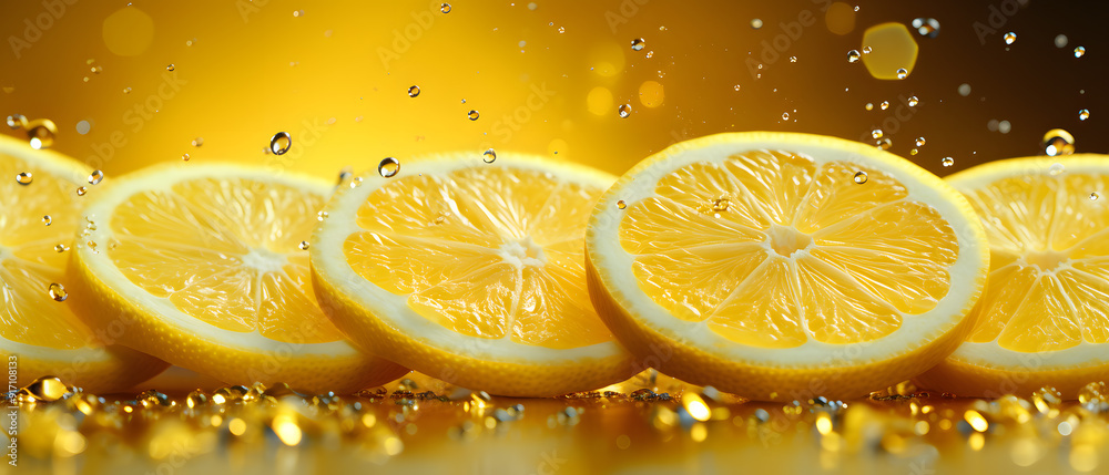 immersive vibrant lemon background with bubbles, glittered, particles elements, with copy space, minimalist clean composition concept, 3d illustration