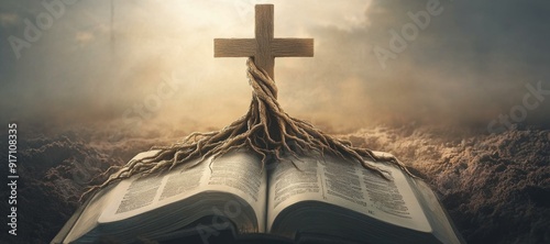 Rooted in Faith: The Foundation of Belief with a Cross Intertwined with Roots on an Open Bible, Symbolizing Deep Spiritual Roots and an Enduring Connection to Christian Doctrine.