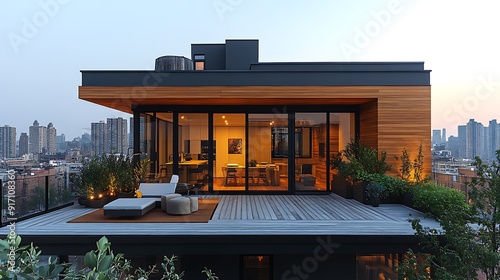 photo of monochromatic modern wooden penthouse exterior with ultra simple and ultra minimalistic design