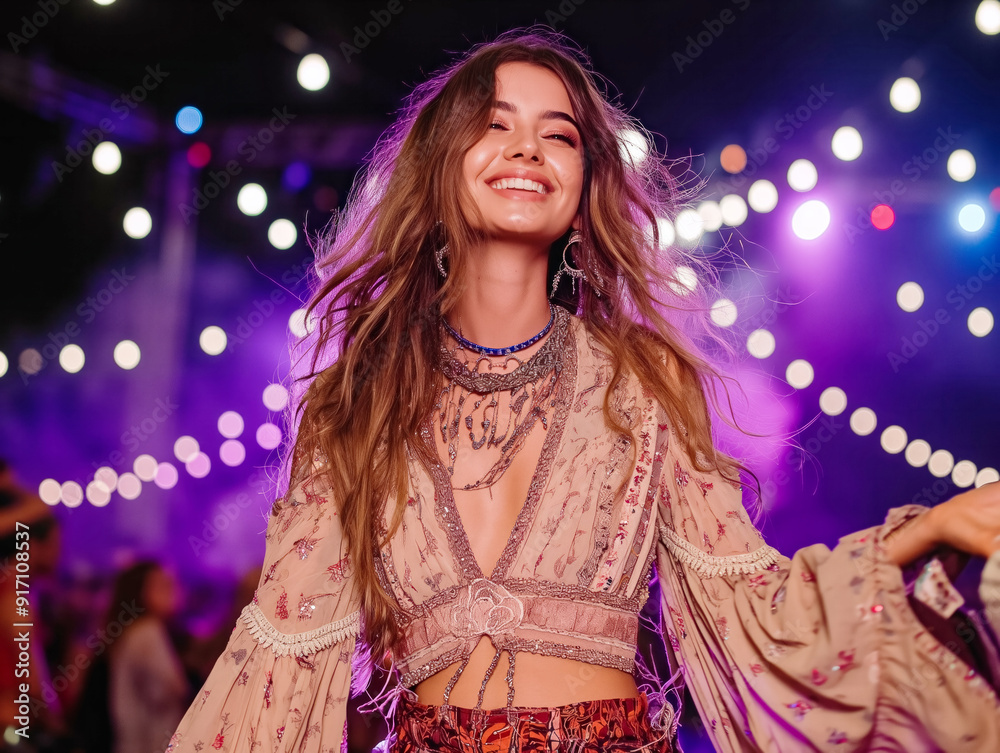 A woman is dancing in a crowd with a purple background. She is wearing a flowy top and a necklace