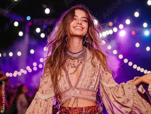 A woman is dancing in a crowd with a purple background. She is wearing a flowy top and a necklace